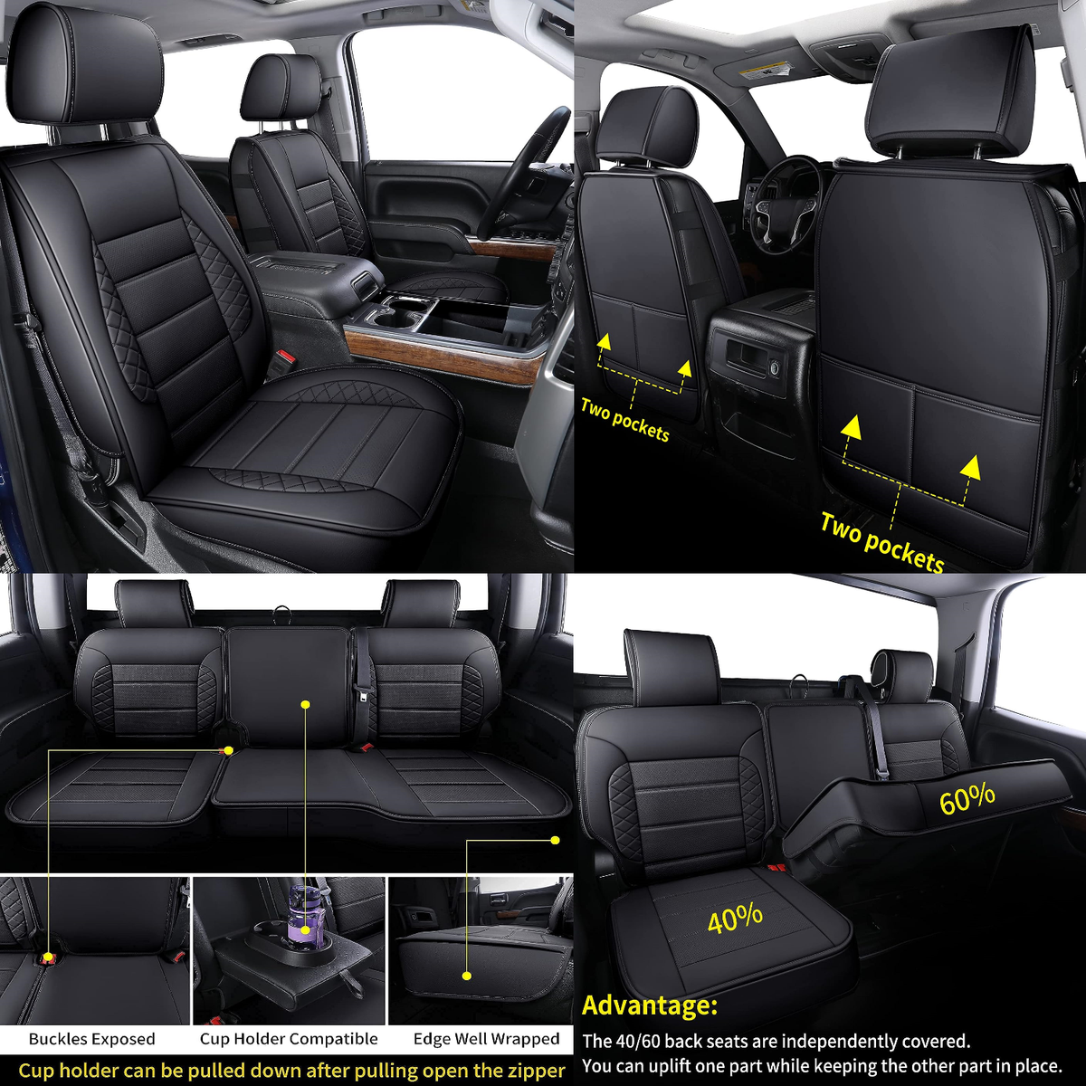 Silverado Seat Covers, Fit for 2019-2023 Chevy Silverado GMC Sierra 1500 and 2020-2023 2500HD 3500HD Crew Cab Water Proof Faux Leather