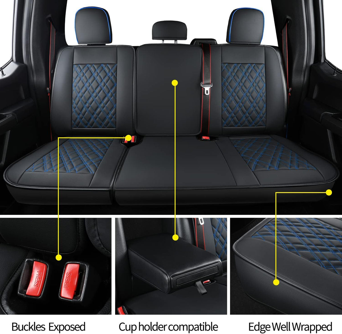 Ford F150 seat covers Fit 2009-2024 F150 SuperCrew and 2017-2024 F250 F350 Crew Cab  With armrest box cushion, all seasons, waterproof leather cushions