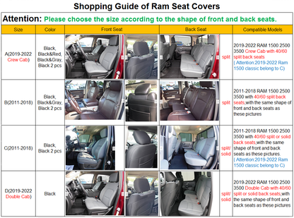 Ram 1500 2011-2019 2020 2021 2022 2023 2024 Crew Cab Waterproof Seat Covers FullSet, Custom Fit Ram Bighorn Laramie Limited Rebel Longhorn Pickup with 4/6 Split Rear Seat