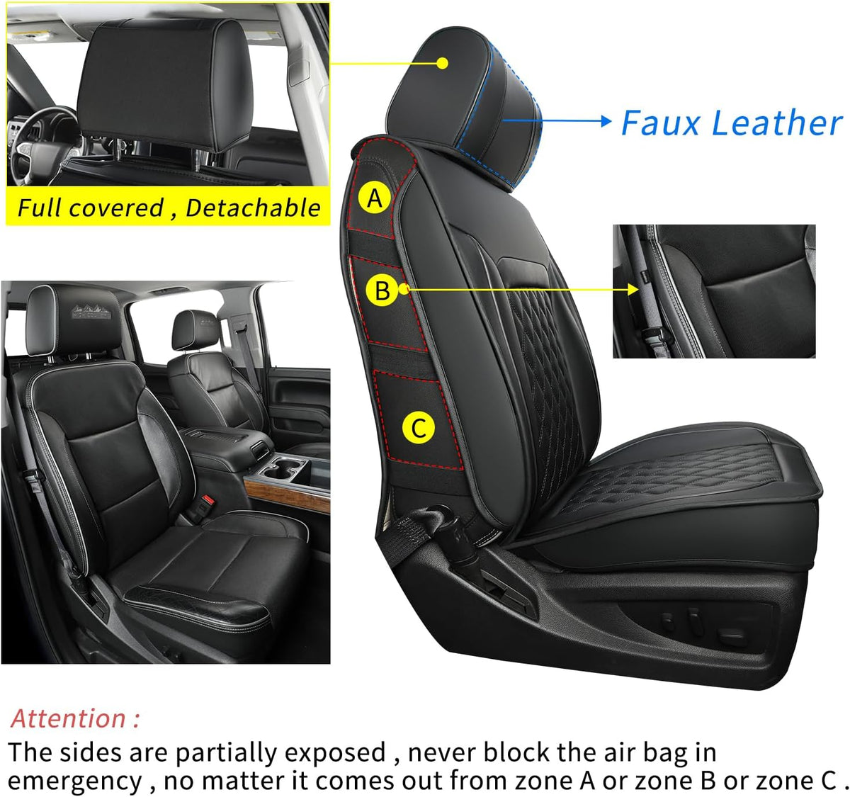 Silverado Faux Leather Seat Covers, Fit for 2014-2024 Chevy Silverado GMC Sierra 1500 and 2020-2024 2500HD 3500HD Crew Cab