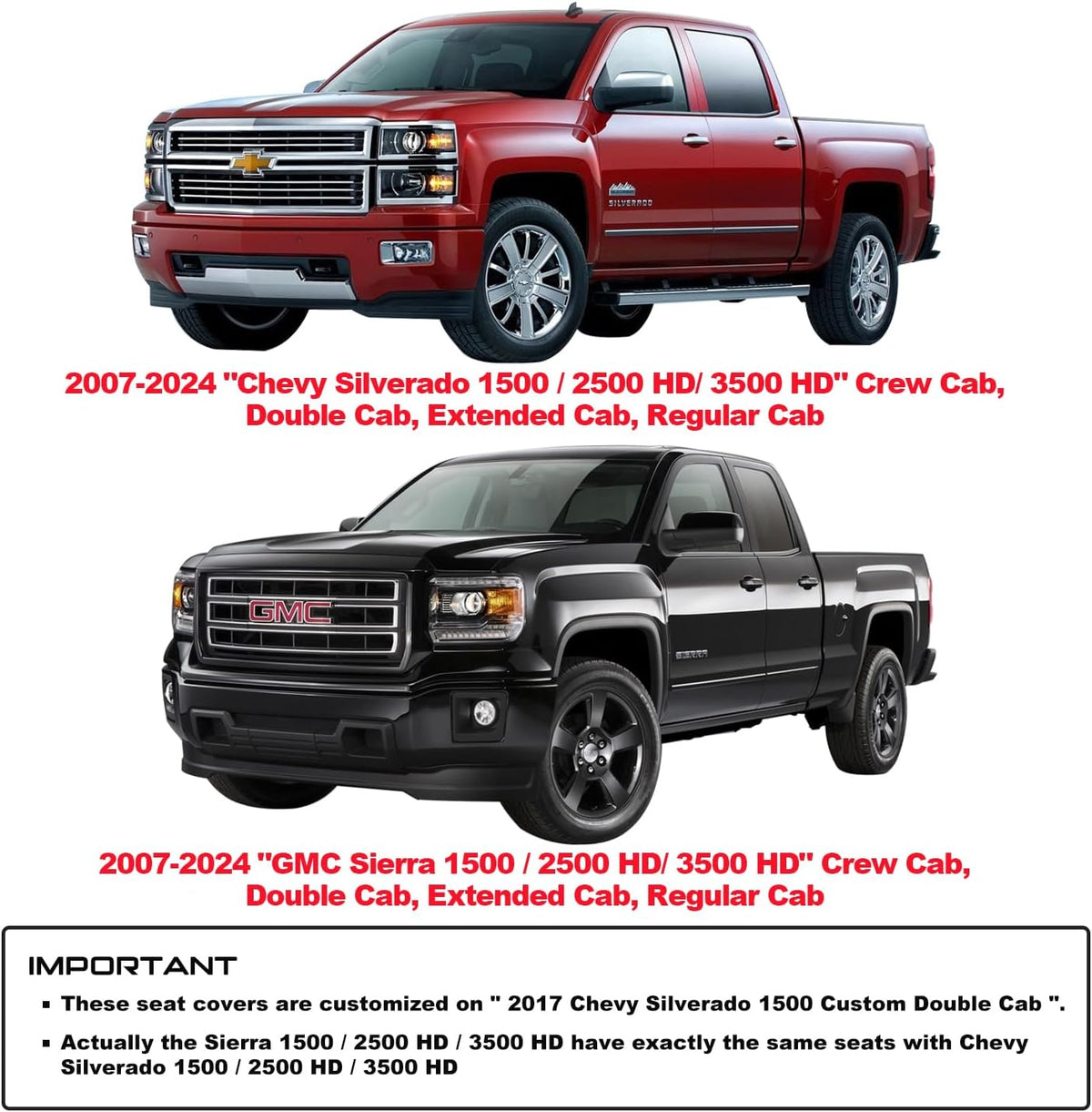 2007-2024 GMC Sierra Chevy Chevrolet Silverado 1500 2500HD 3500HD Trail Boss Z71 Crew Double Extended Cab Waterproof Leather Truck Pickup Cuchion