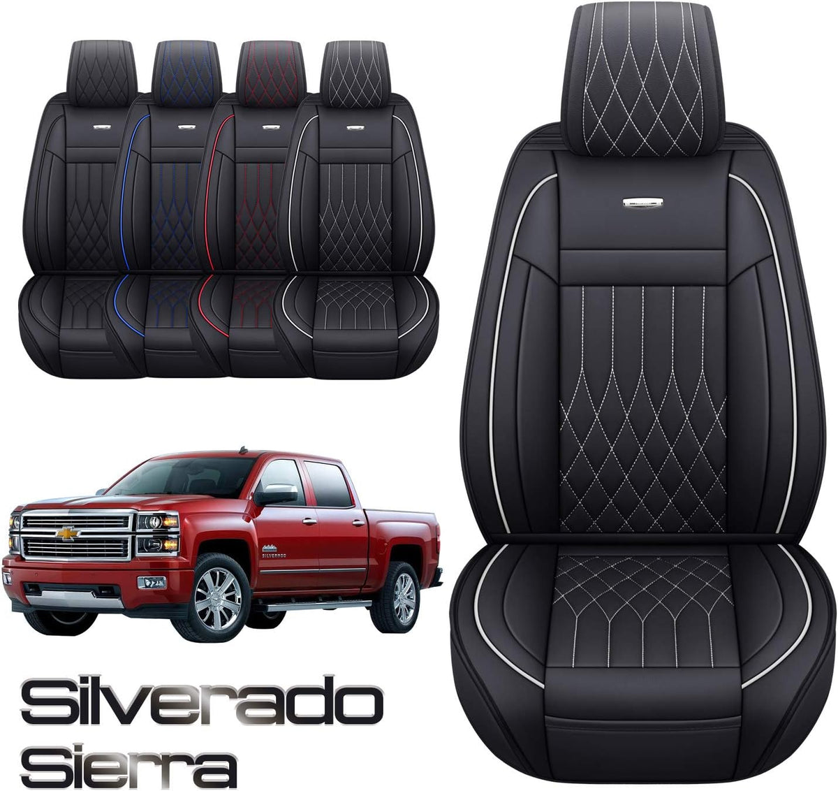 Chevy Silverado GMC Sierra Car Seat Covers Full Set with Waterproof Leather, Fit for 2007-2024 1500/2500 HD / 3500 HD Crew,Double,Extended Cab or Pickup