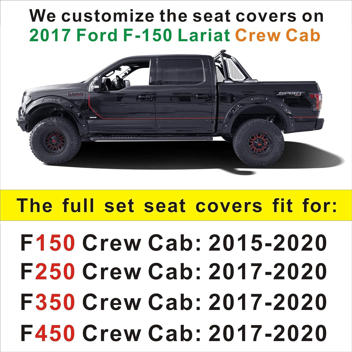 Seat Covers fit for Ford F150 Crew Cab from 2015 to 2024 and fit for F250 F350 F450 Crew Cab from 2017 to 2024 with Faux Leather